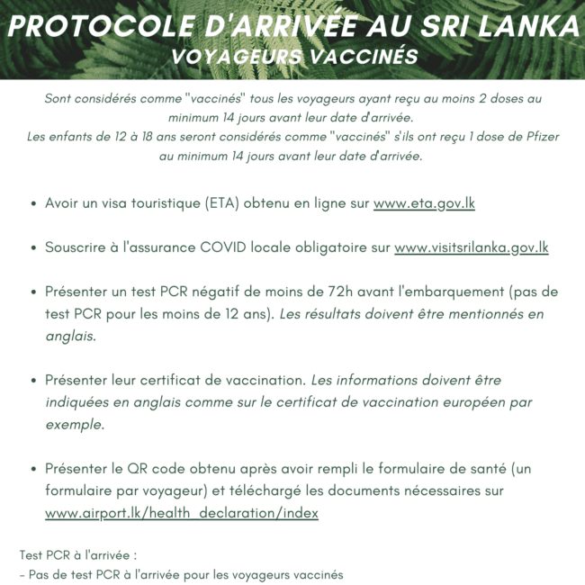 Protocole d'arrivée Sri Lanka